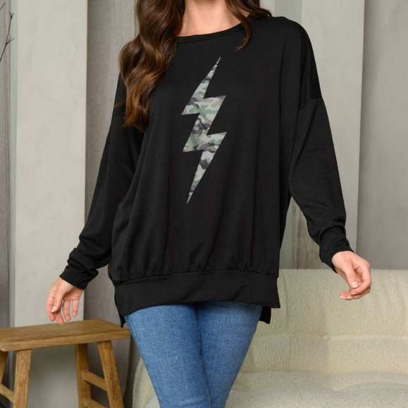 WOMEN'S LONG SLEEVES CAMO DETAILED SWEATER SHIRT| BLACK| S M L| NWOT - Picture 6 of 6